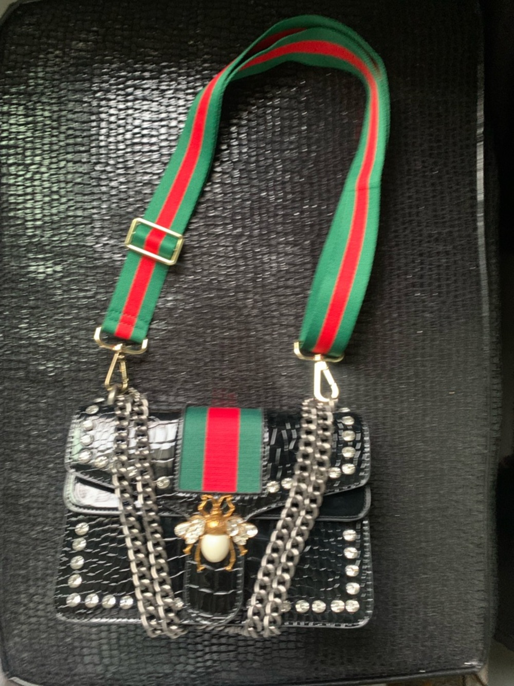 Black Croc-Embossed Bee Accent Shoulder Bag with Green & Red Strap